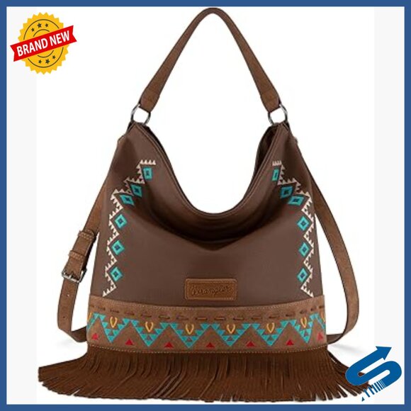 Handbags - Embroidered Fringe Hobo Bag with Adjustable Crossbody Strap